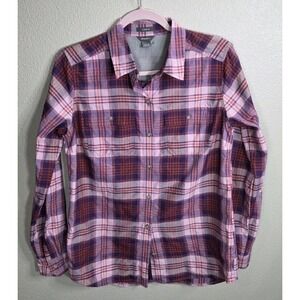 Eddie Bauer Women's Small Plaid Button Down Shirt Classic Fit Pink Purple Orange
